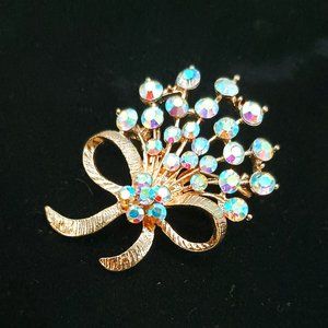 Women's Vintage Floral Bouquet Brooch. Multi Color Stones Gold Tone Bow Jewelry